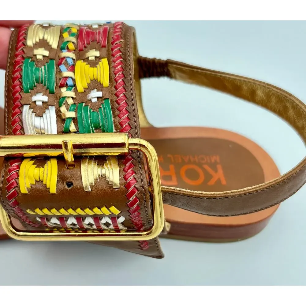 Michael Kors Woven Multicolor Leather Sandals Boho Slingback Toe Loop Size 8 - Picture 5 of 10
